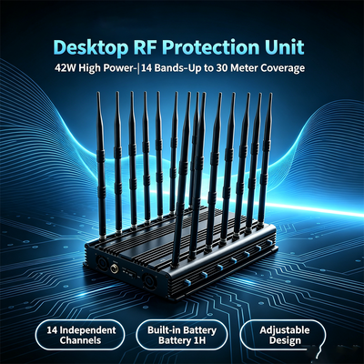 Buy 42W 14-Channel Desktop Signal Jammer with Omnidirectional Antenna for Cellular Signal Blocking online manufacture