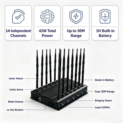 42W Desktop Signal Jammer with 14 Bands and Omnidirectional Antenna for 2G 3G 4G 5G WiFi GPS VHF UHF Lojack