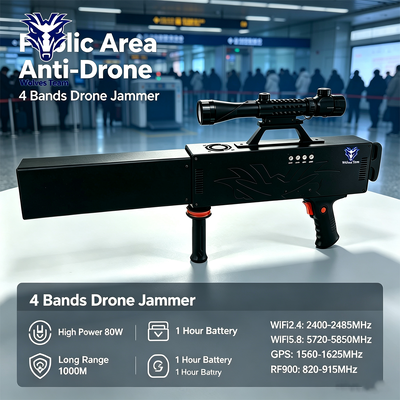 80W 4-Channel Drone Signal Blocker with 500-1000m Jamming Range for VIP Protection